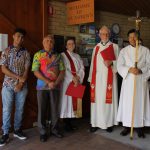 From the left Braden Chambers (played digeridoo), Uncle Joe Kirk gave the Welcome to Country (Braden's grandfather), Deacon MiLo Lorén (read in Swedish), Pastor Stephen Nuske (Presiding Minister) and Yongbong Cho (Crucifer)